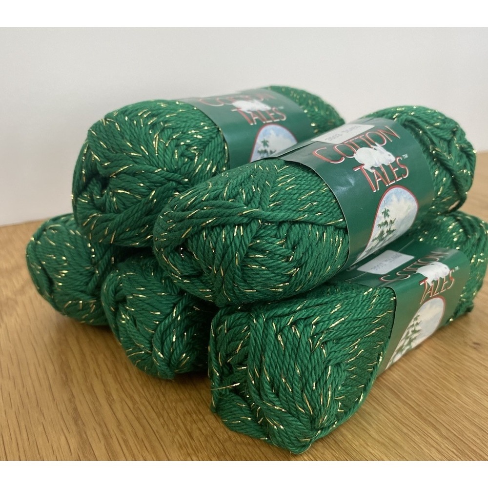 VTG 5 Caron Green Gold Metallic Yarn 95% Cotton 1.75 oz Color 3003 Dye Lot 51480